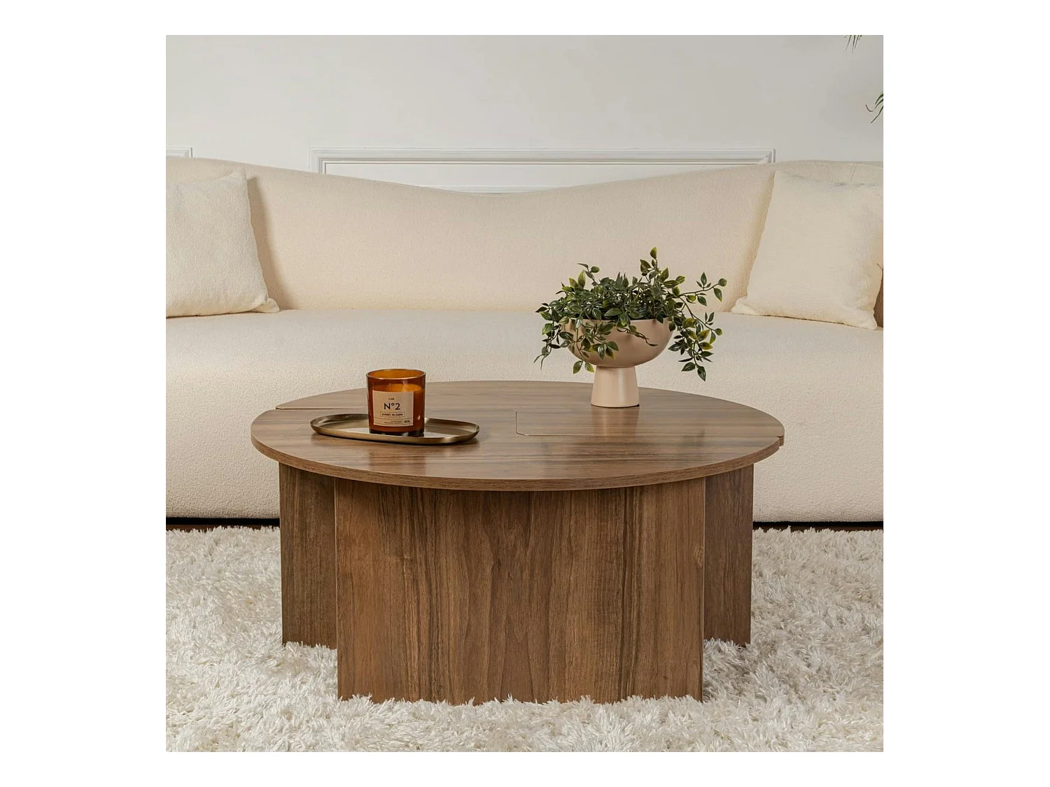 Table basse ronde effet bois de noyer - design puzzle MARFA