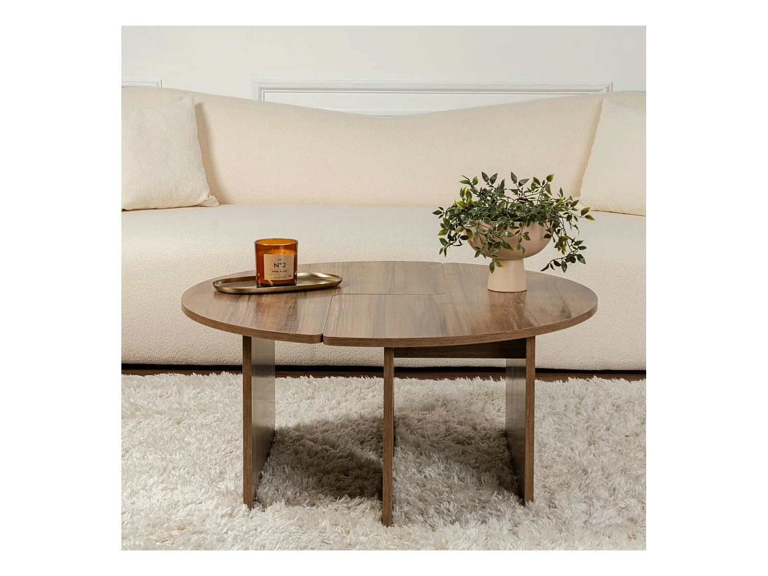 Table basse ronde effet bois de noyer - design puzzle MARFA