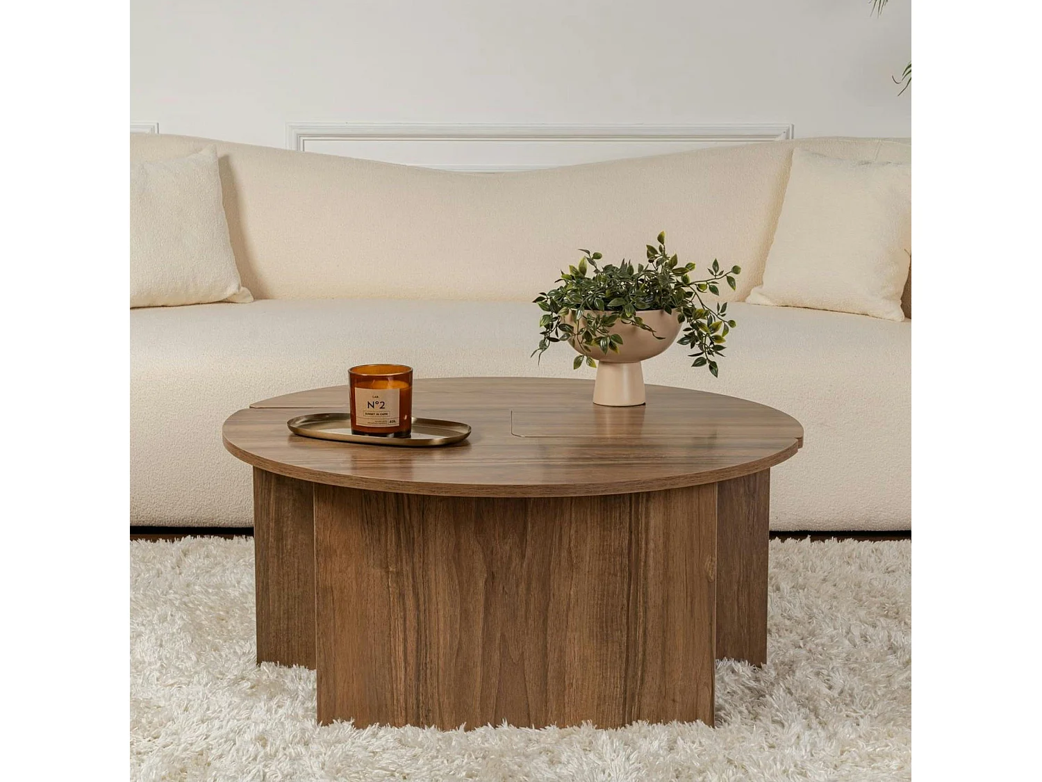 Table basse ronde effet bois de noyer - design puzzle MARFA