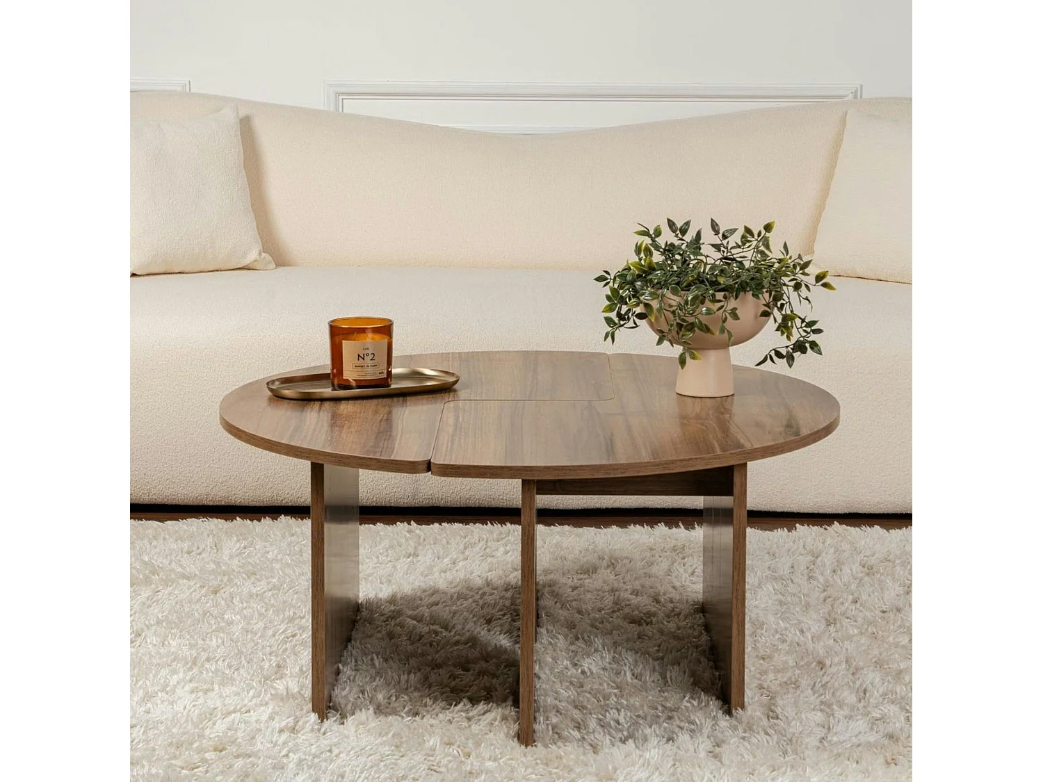 Table basse ronde effet bois de noyer - design puzzle MARFA