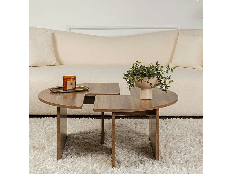 Table basse ronde effet bois de noyer - design puzzle MARFA