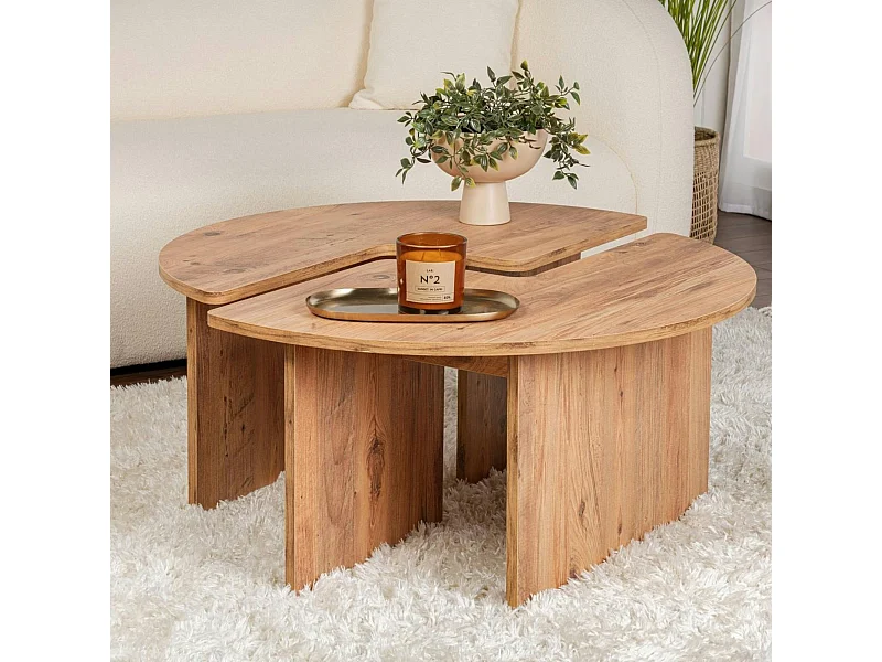 Table basse ronde effet bois de pin – design puzzle MARFA