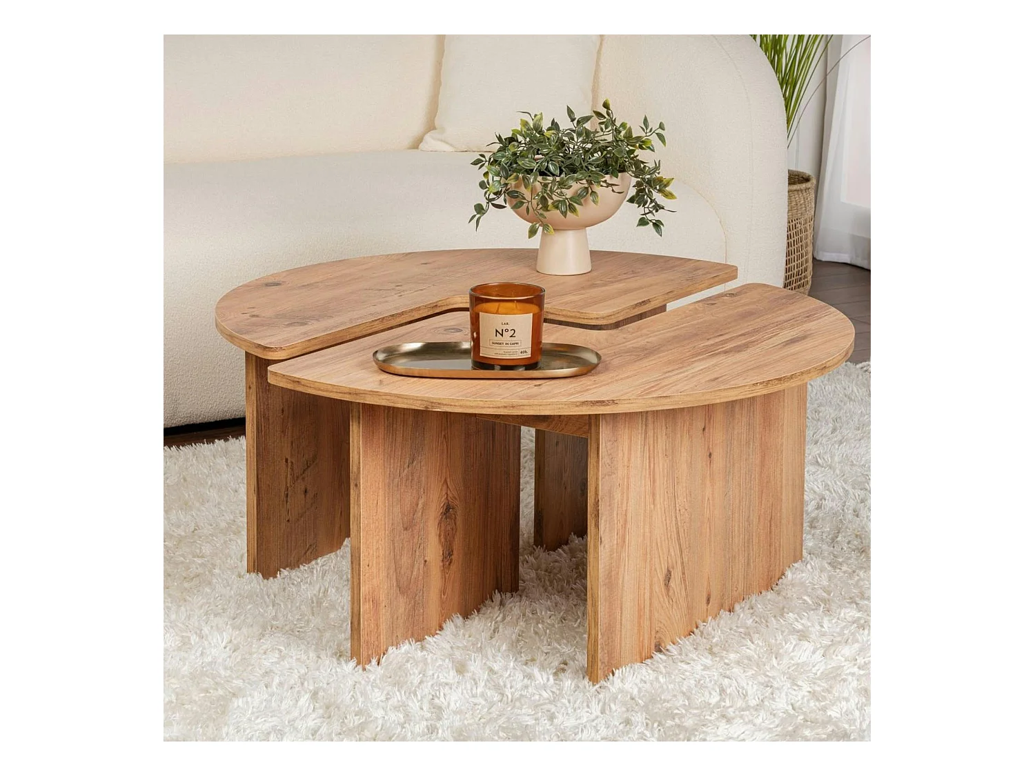 Table basse ronde effet bois de pin – design puzzle MARFA