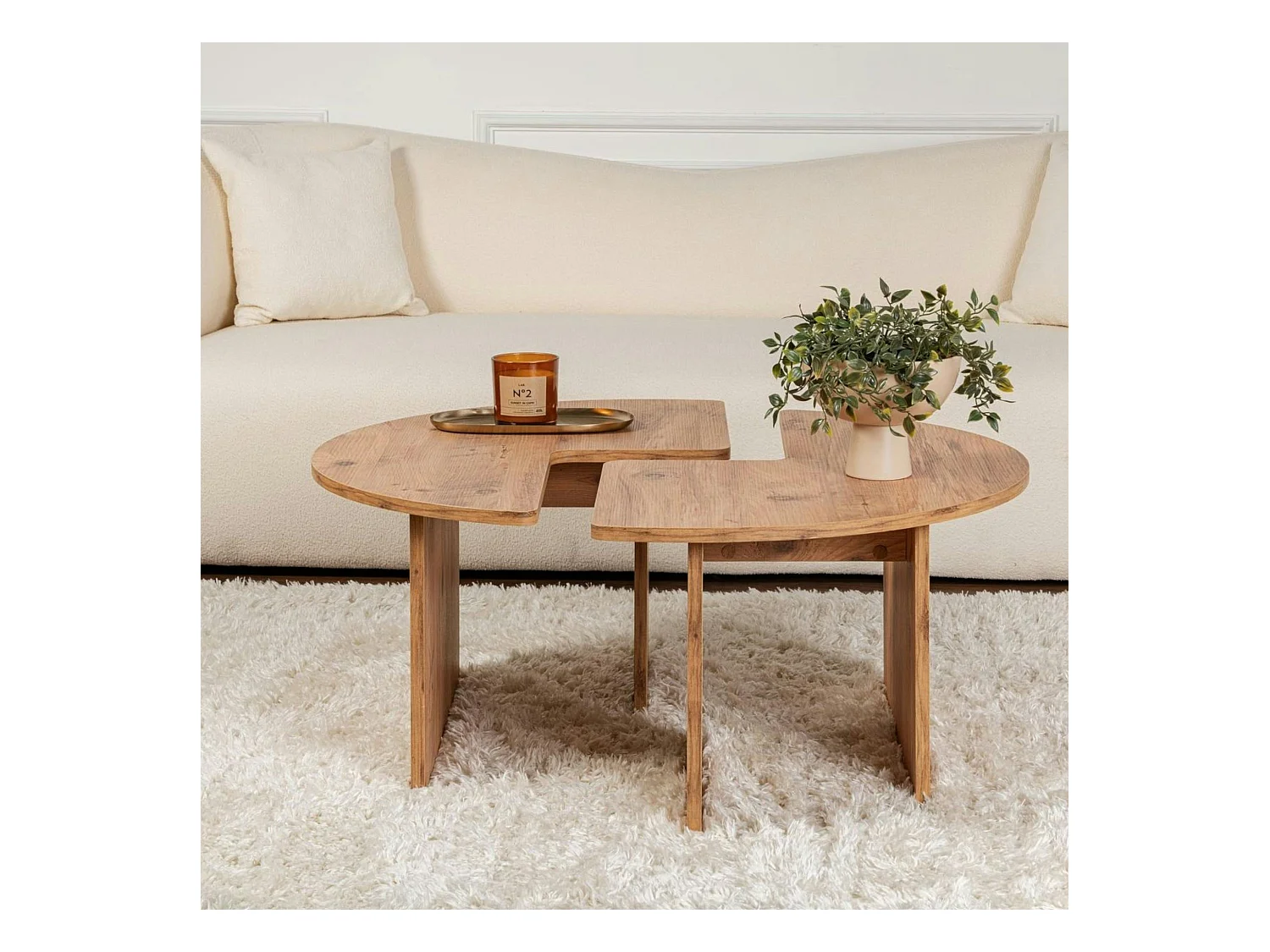 Table basse ronde effet bois de pin – design puzzle MARFA