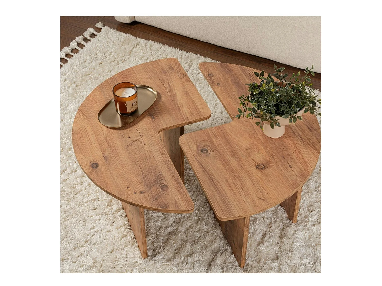 Table basse ronde effet bois de pin – design puzzle MARFA