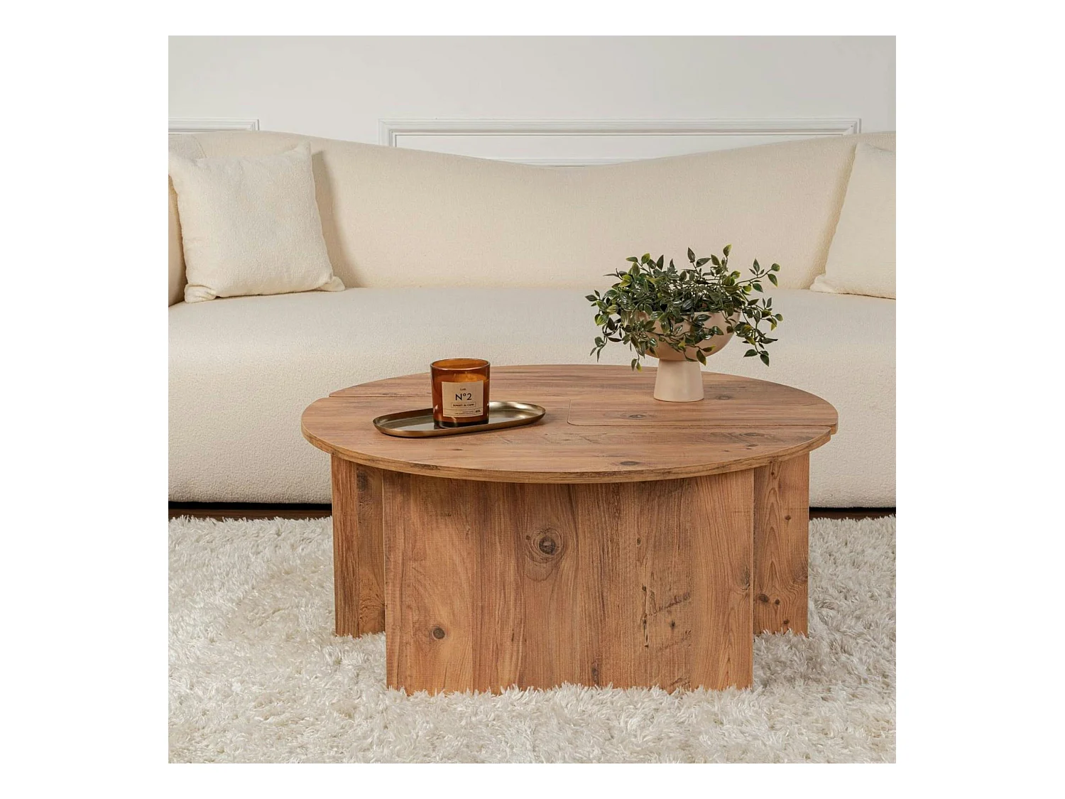 Table basse ronde effet bois de pin – design puzzle MARFA