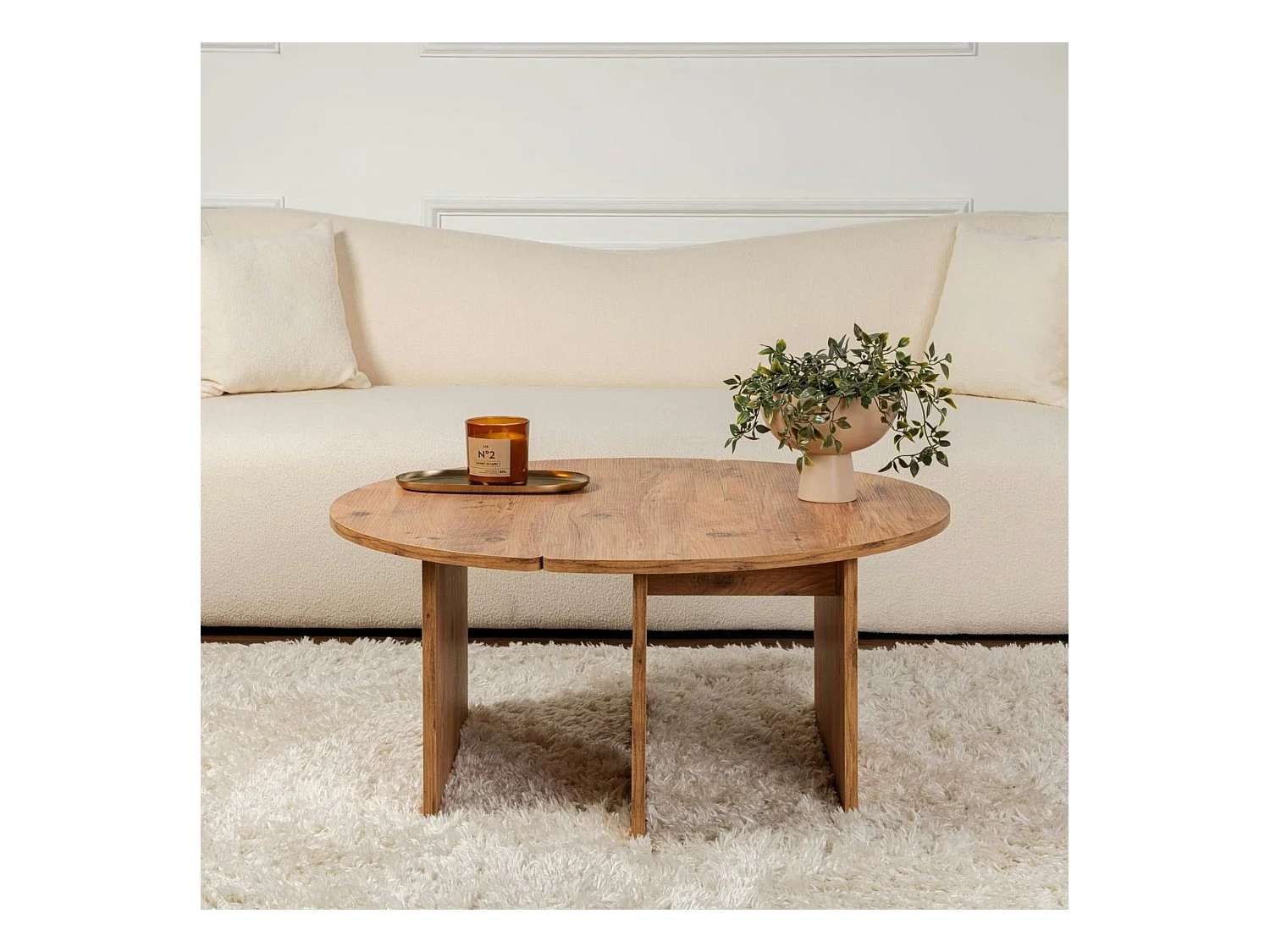 Table basse ronde effet bois de pin – design puzzle MARFA