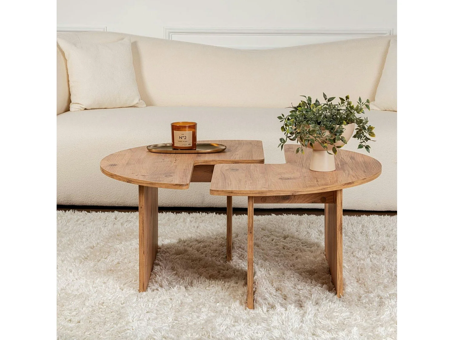 Table basse ronde effet bois de pin – design puzzle MARFA