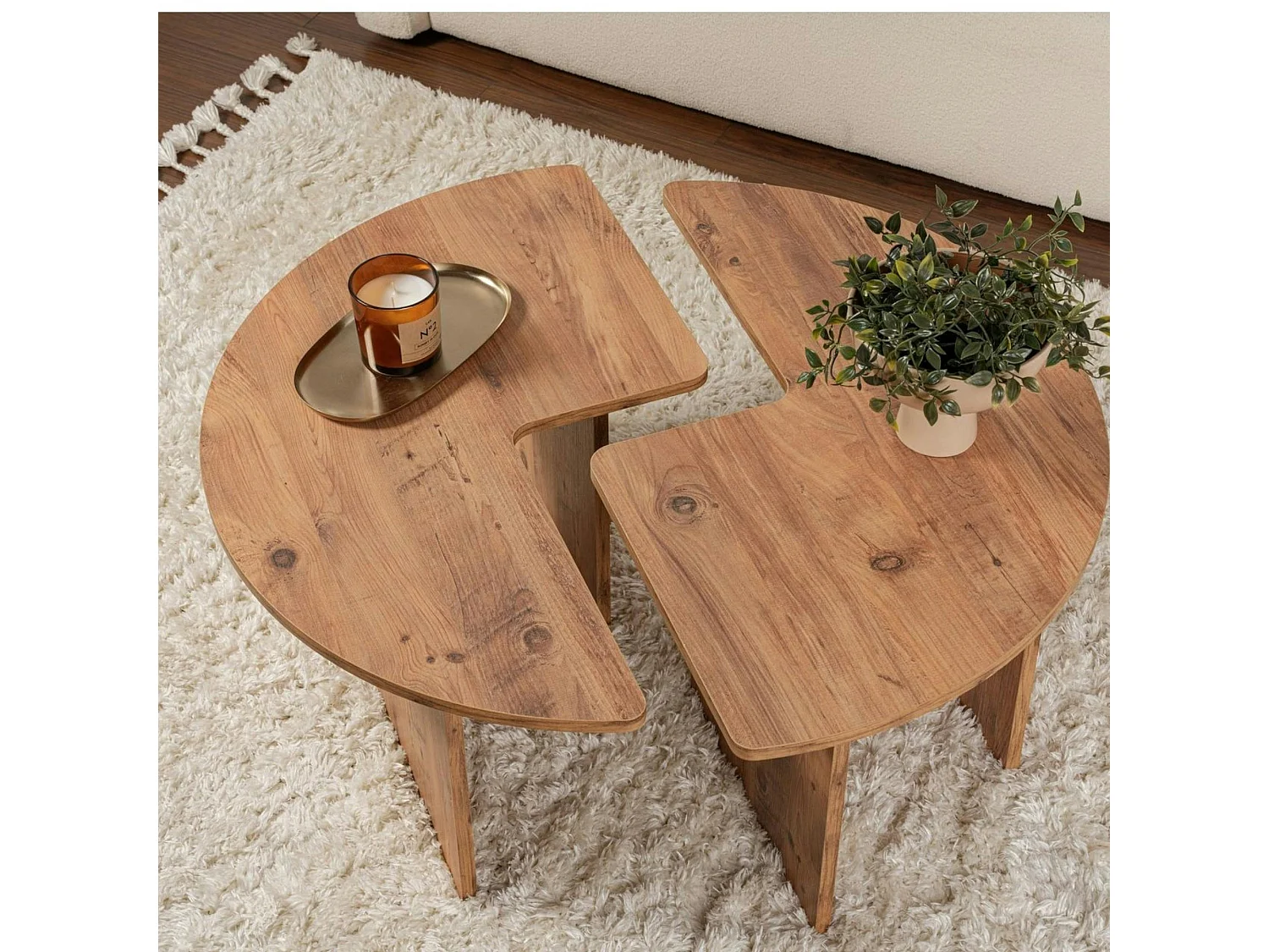 Table basse ronde effet bois de pin – design puzzle MARFA