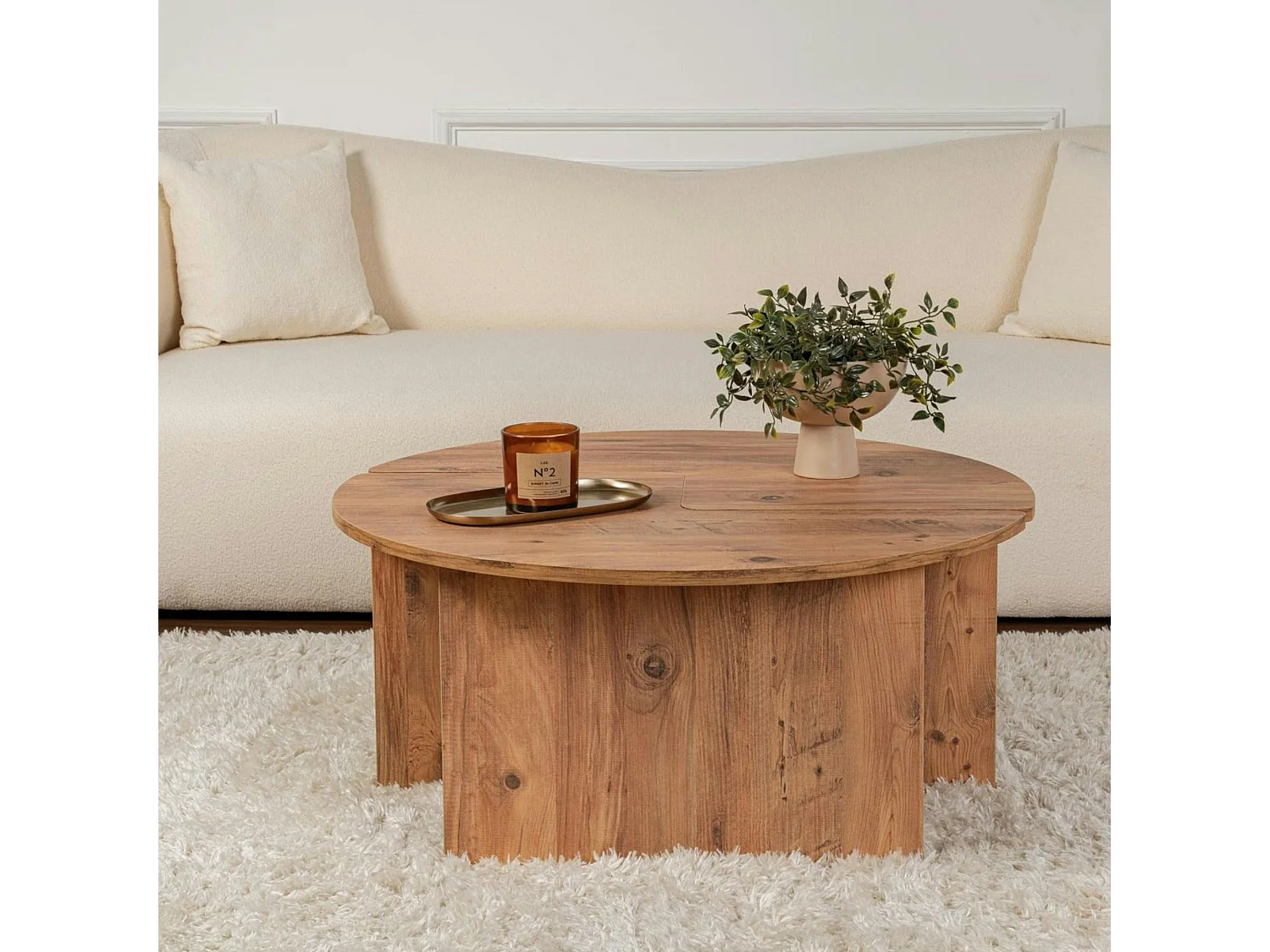 Table basse ronde effet bois de pin – design puzzle MARFA
