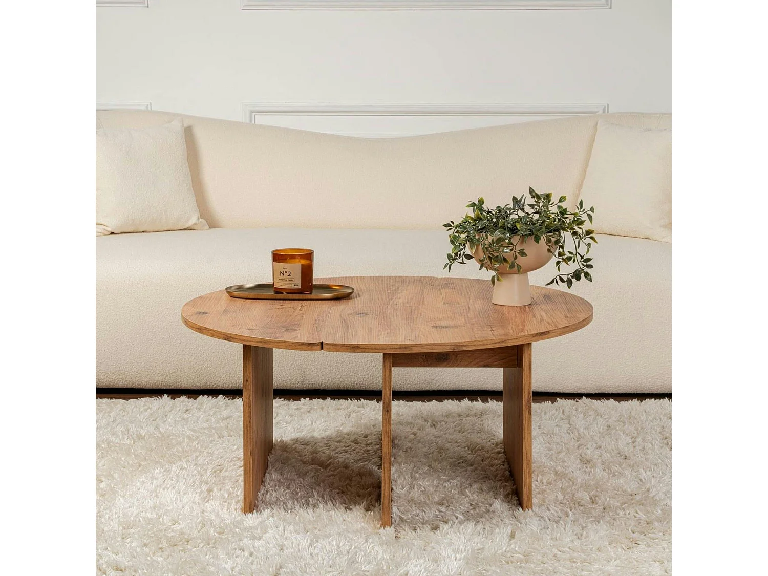 Table basse ronde effet bois de pin – design puzzle MARFA