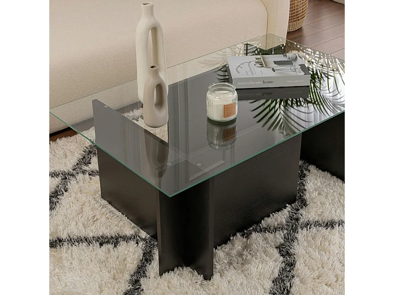 Table basse verre déstructurée – effet bois noir, H. 40 cm SALTA