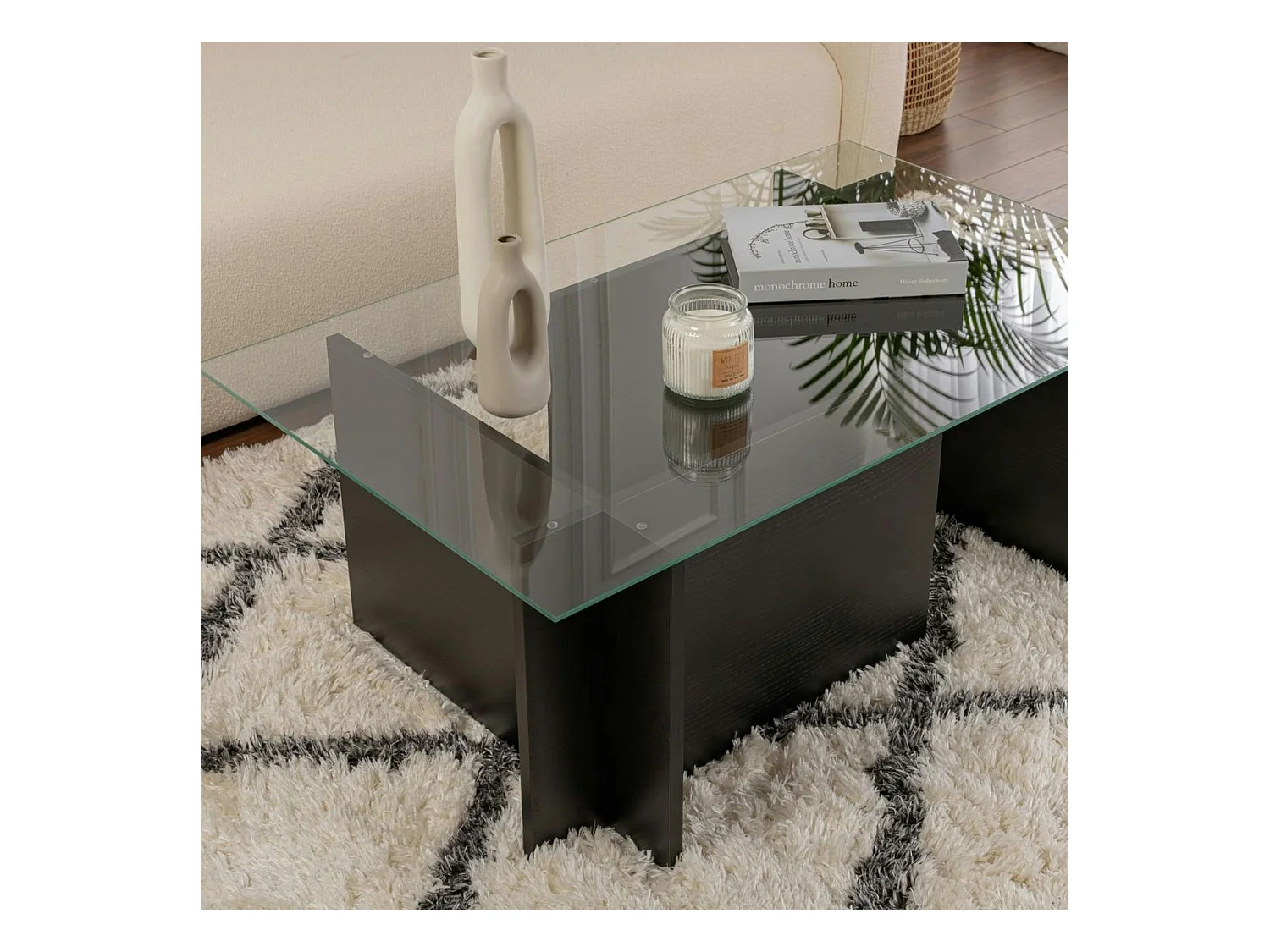 Table basse verre déstructurée – effet bois noir, H. 40 cm SALTA