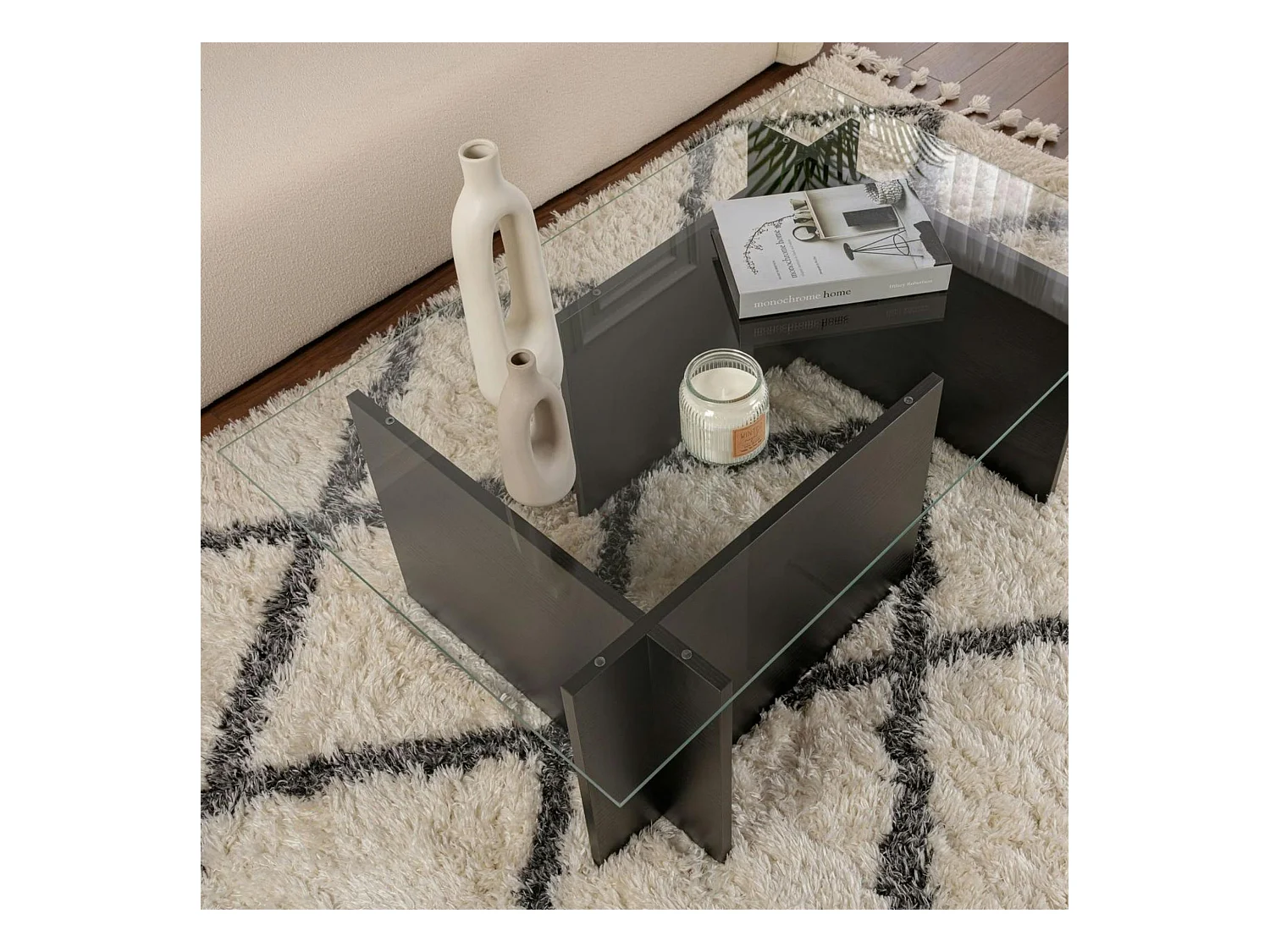 Table basse verre déstructurée – effet bois noir, H. 40 cm SALTA