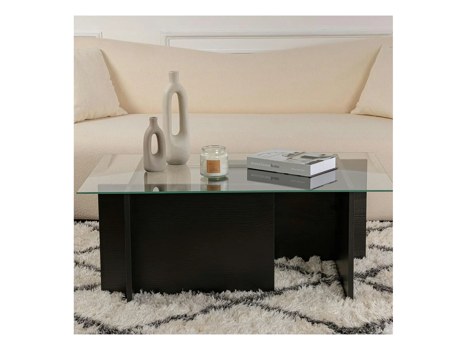 Table basse verre déstructurée – effet bois noir, H. 40 cm SALTA