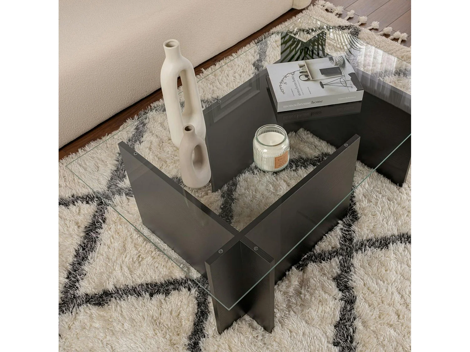 Table basse verre déstructurée – effet bois noir, H. 40 cm SALTA