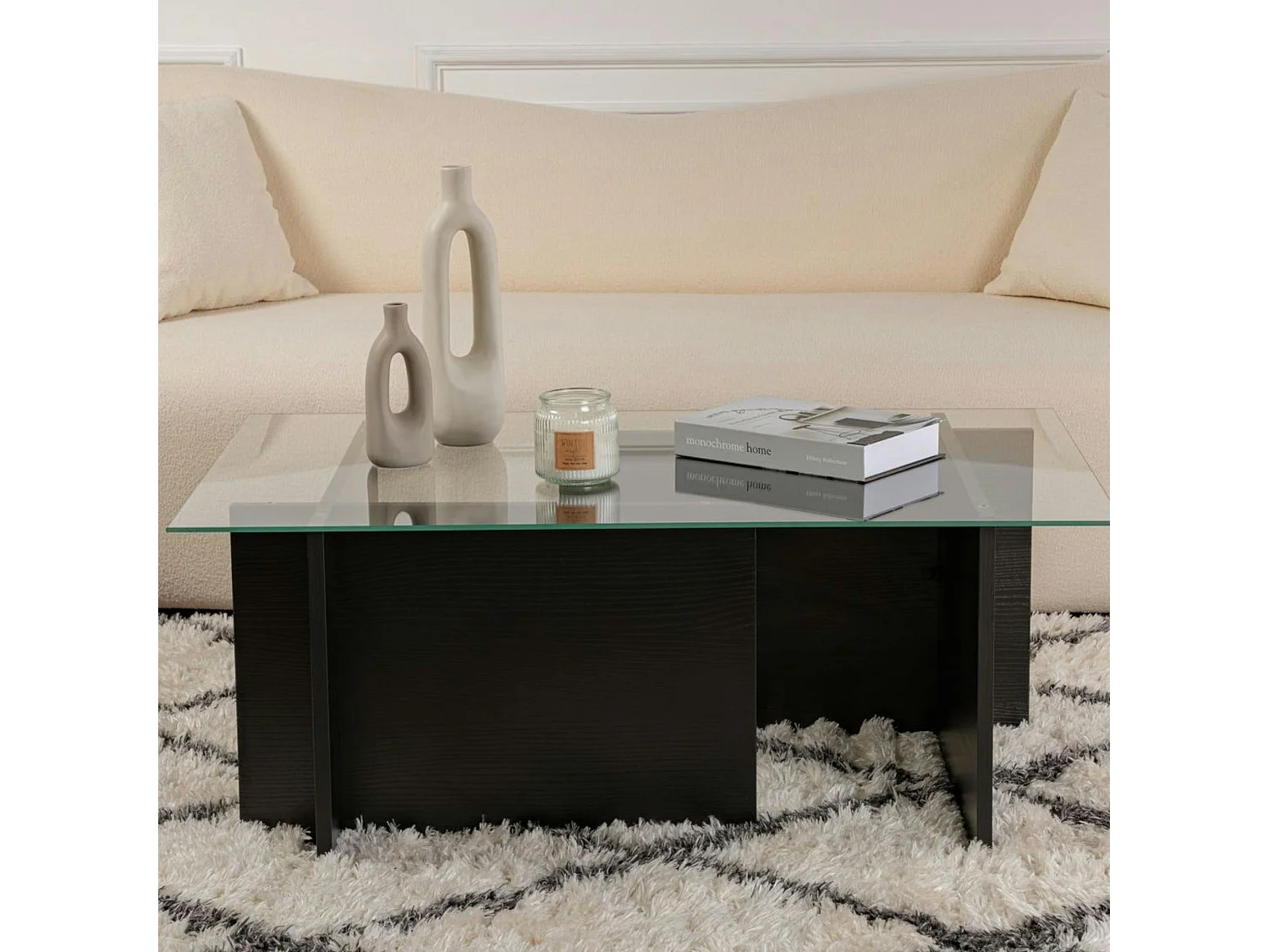 Table basse verre déstructurée – effet bois noir, H. 40 cm SALTA