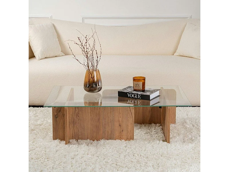 Table basse en verre déstructurée – base effet bois SALTA