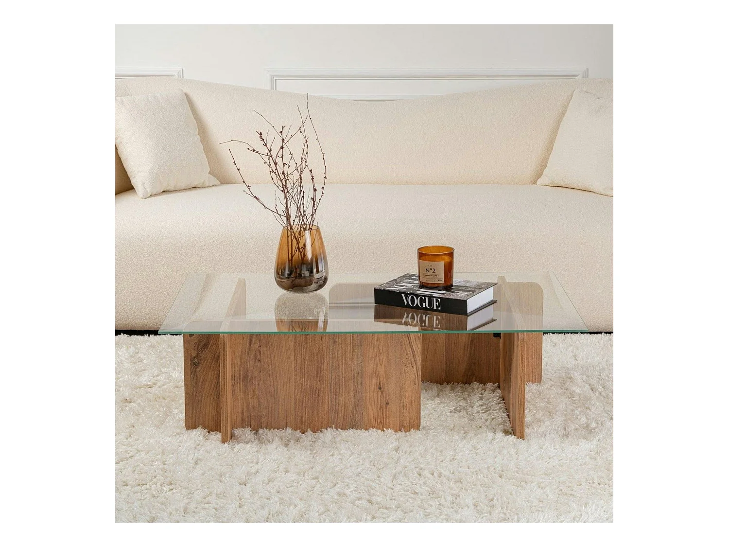 Table basse en verre déstructurée – base effet bois SALTA