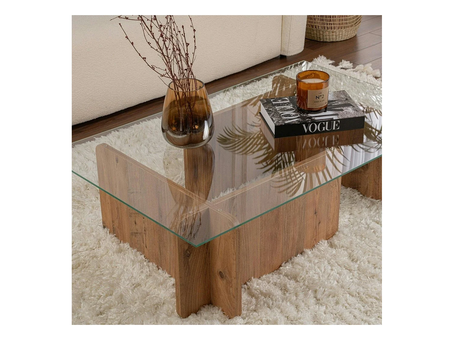 Table basse en verre déstructurée – base effet bois SALTA