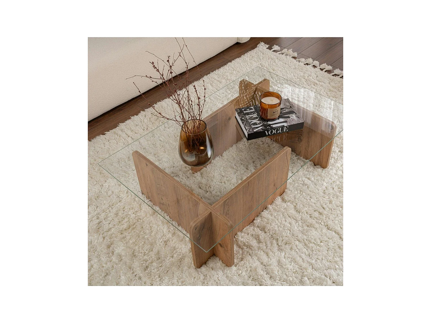 Table basse en verre déstructurée – base effet bois SALTA