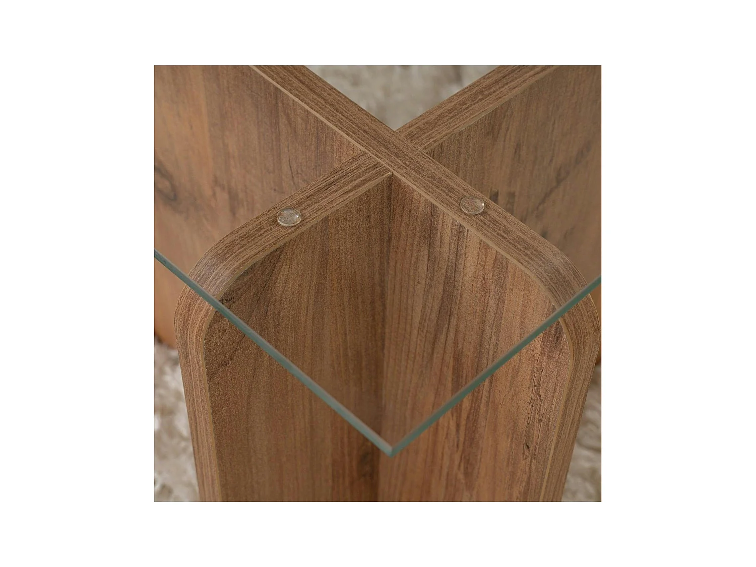 Table basse en verre déstructurée – base effet bois SALTA