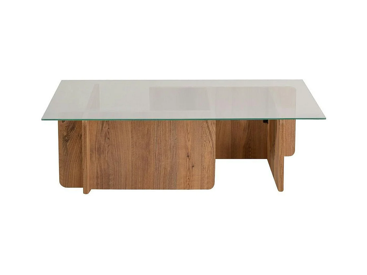Table basse en verre déstructurée – base effet bois SALTA