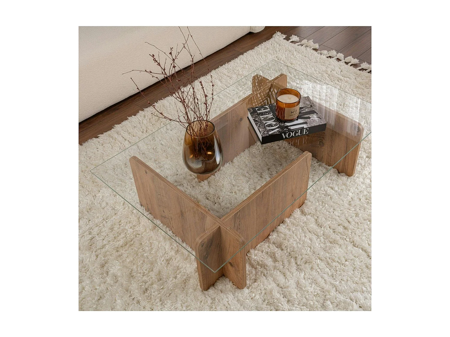 Table basse en verre déstructurée – base effet bois SALTA
