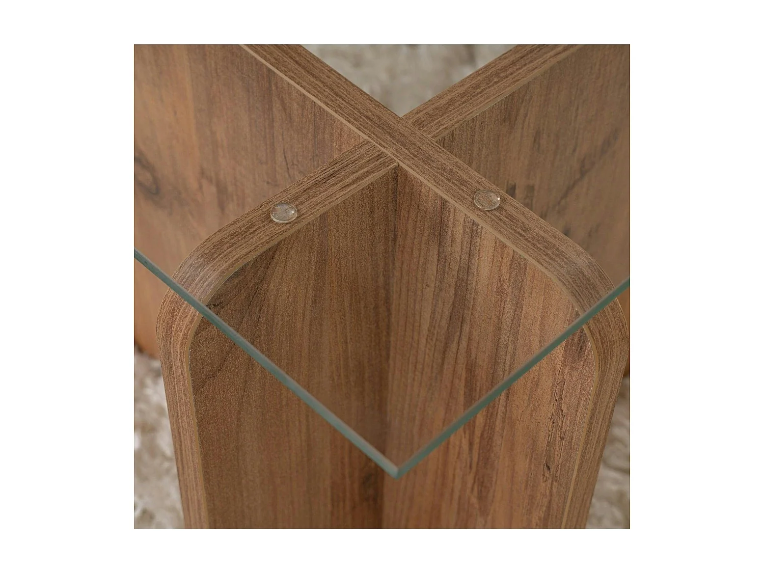 Table basse en verre déstructurée – base effet bois SALTA