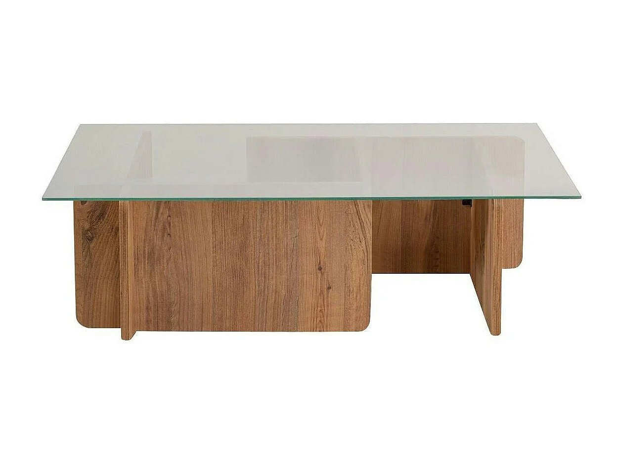 Table basse en verre déstructurée – base effet bois SALTA