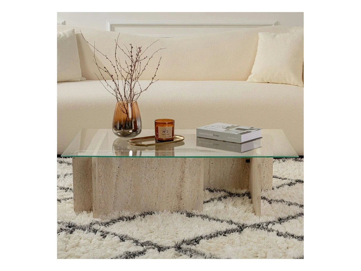 Table basse verre déstructurée – base effet travertin SALTA