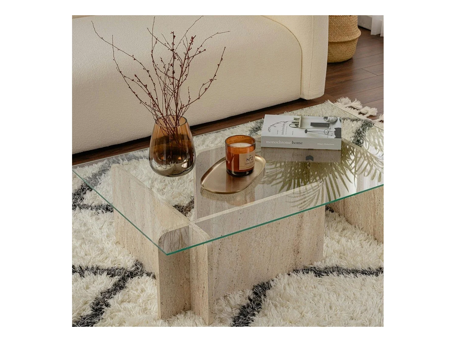 Table basse verre déstructurée – base effet travertin SALTA