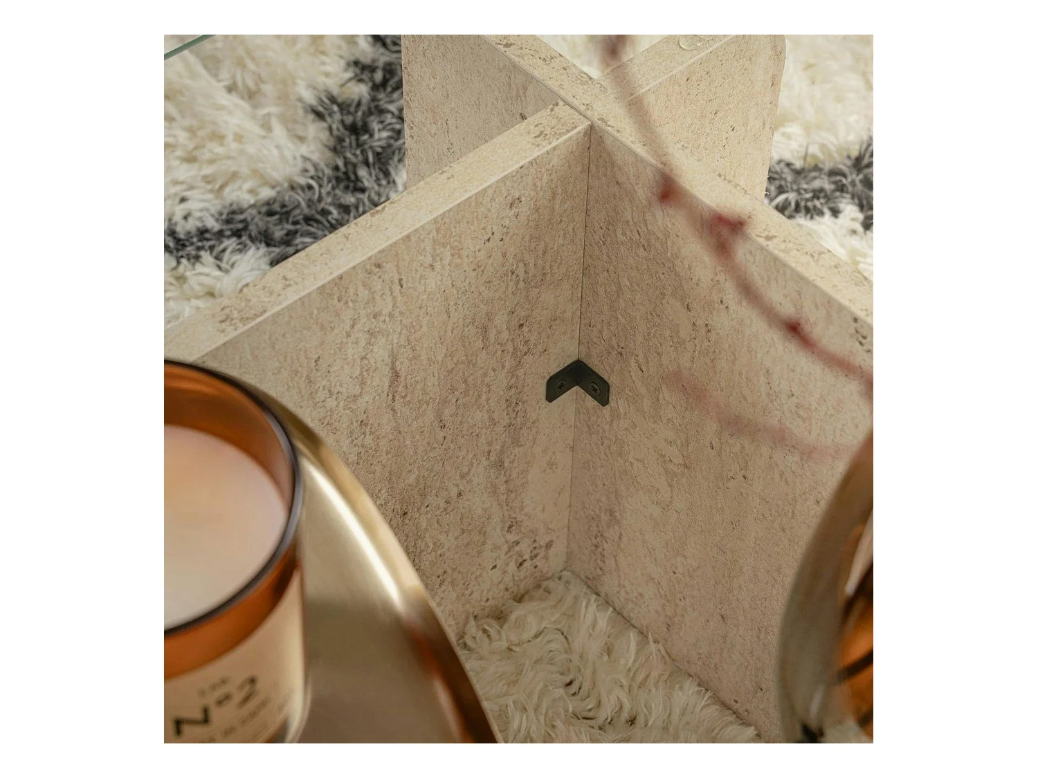 Table basse verre déstructurée – base effet travertin SALTA