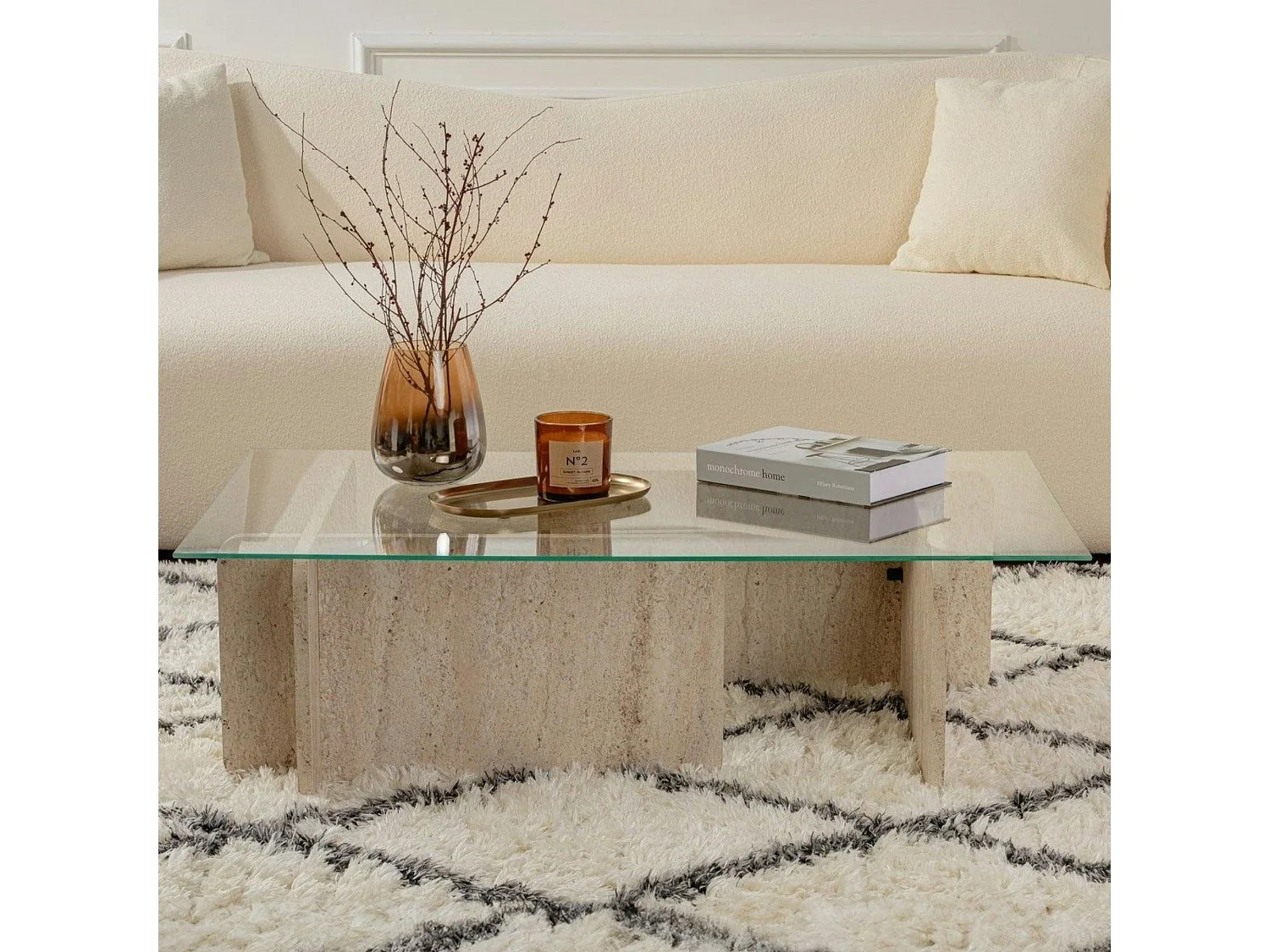 Table basse verre déstructurée – base effet travertin SALTA