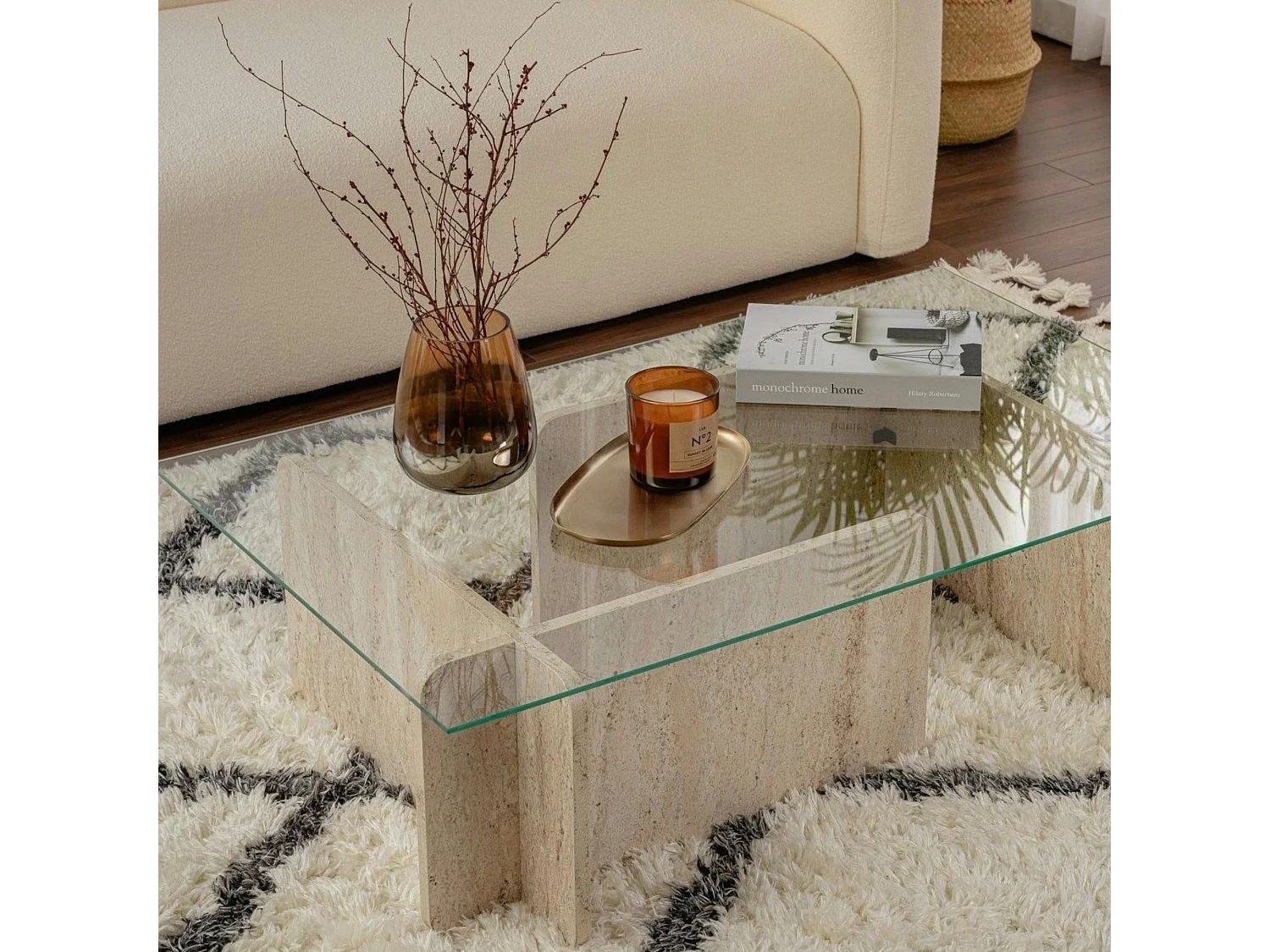 Table basse verre déstructurée – base effet travertin SALTA