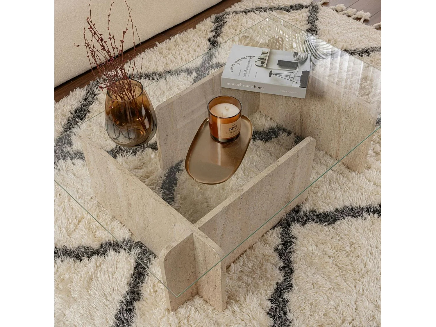 Table basse verre déstructurée – base effet travertin SALTA