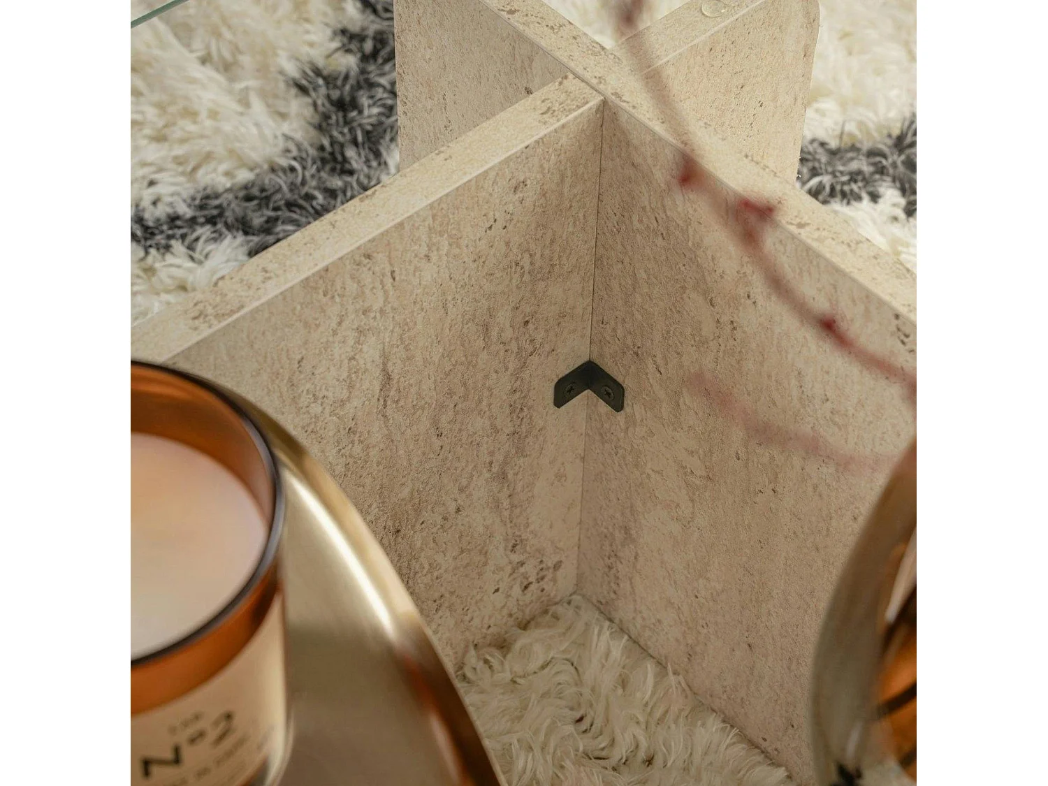 Table basse verre déstructurée – base effet travertin SALTA