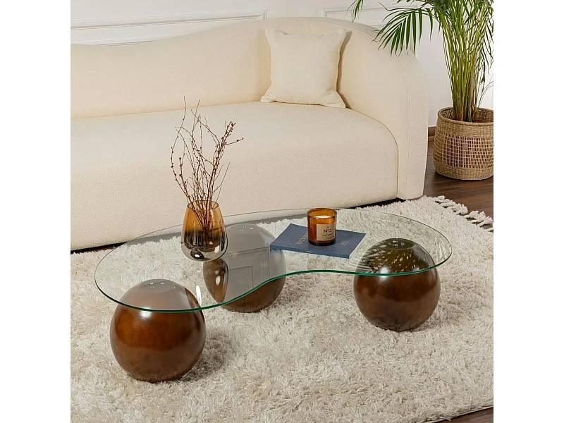 Table basse en verre design – 3 pieds boules marrons KOCHI