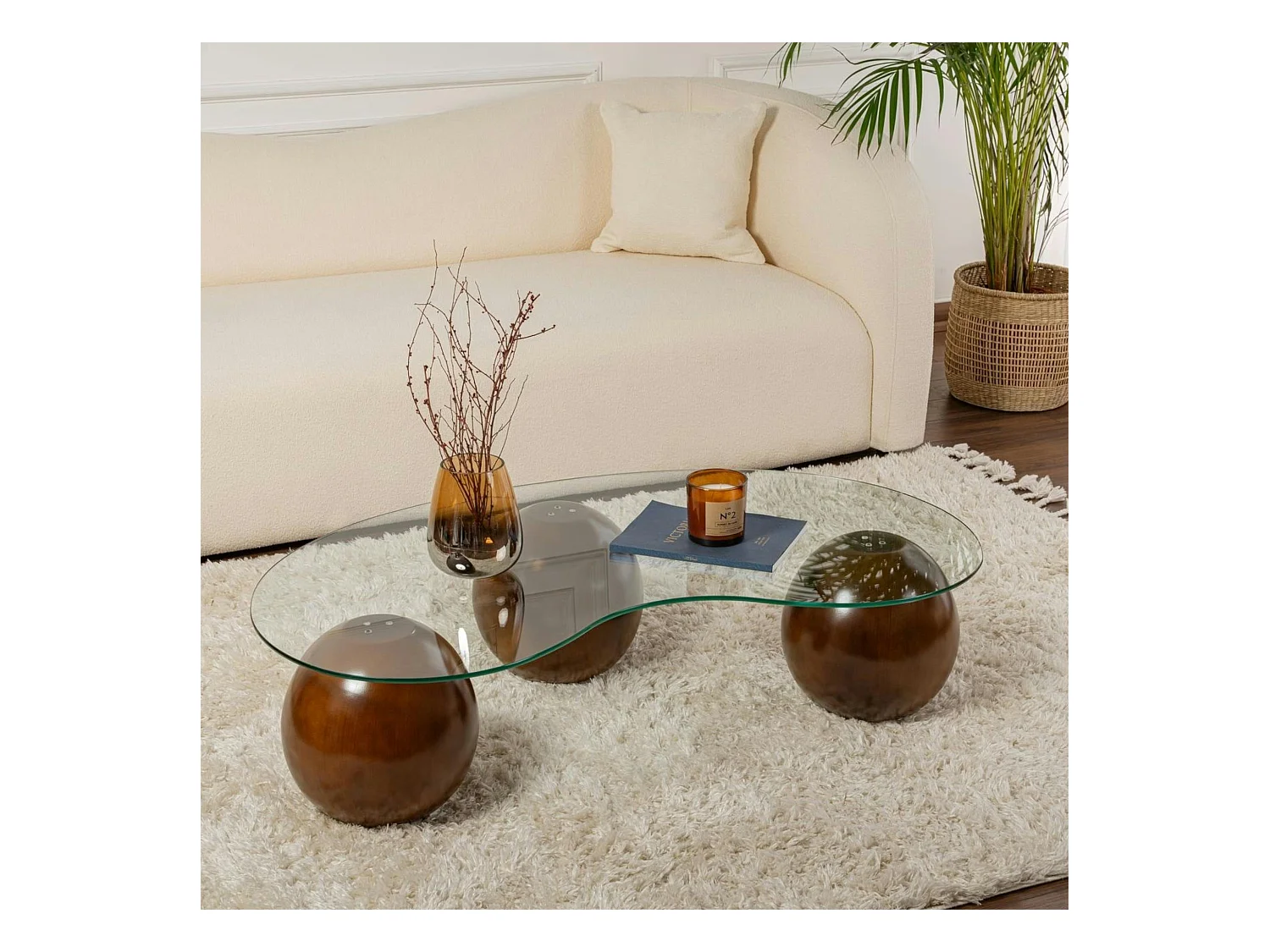 Table basse en verre design – 3 pieds boules marrons KOCHI