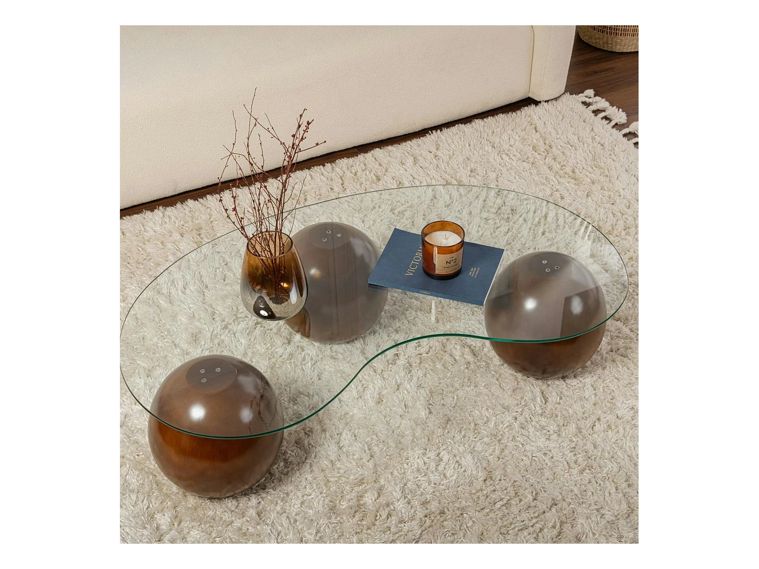 Table basse en verre design – 3 pieds boules marrons KOCHI