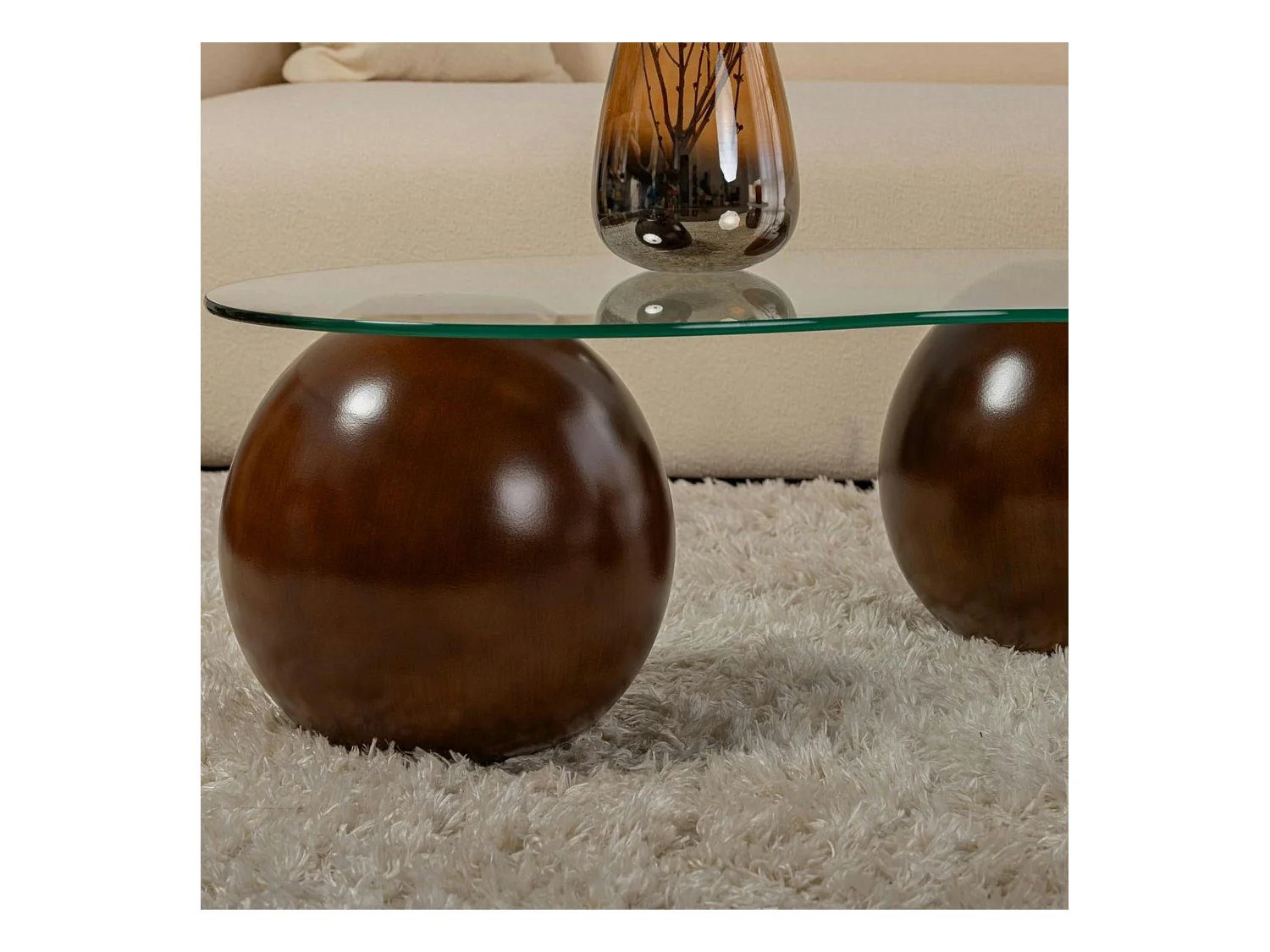 Table basse en verre design – 3 pieds boules marrons KOCHI