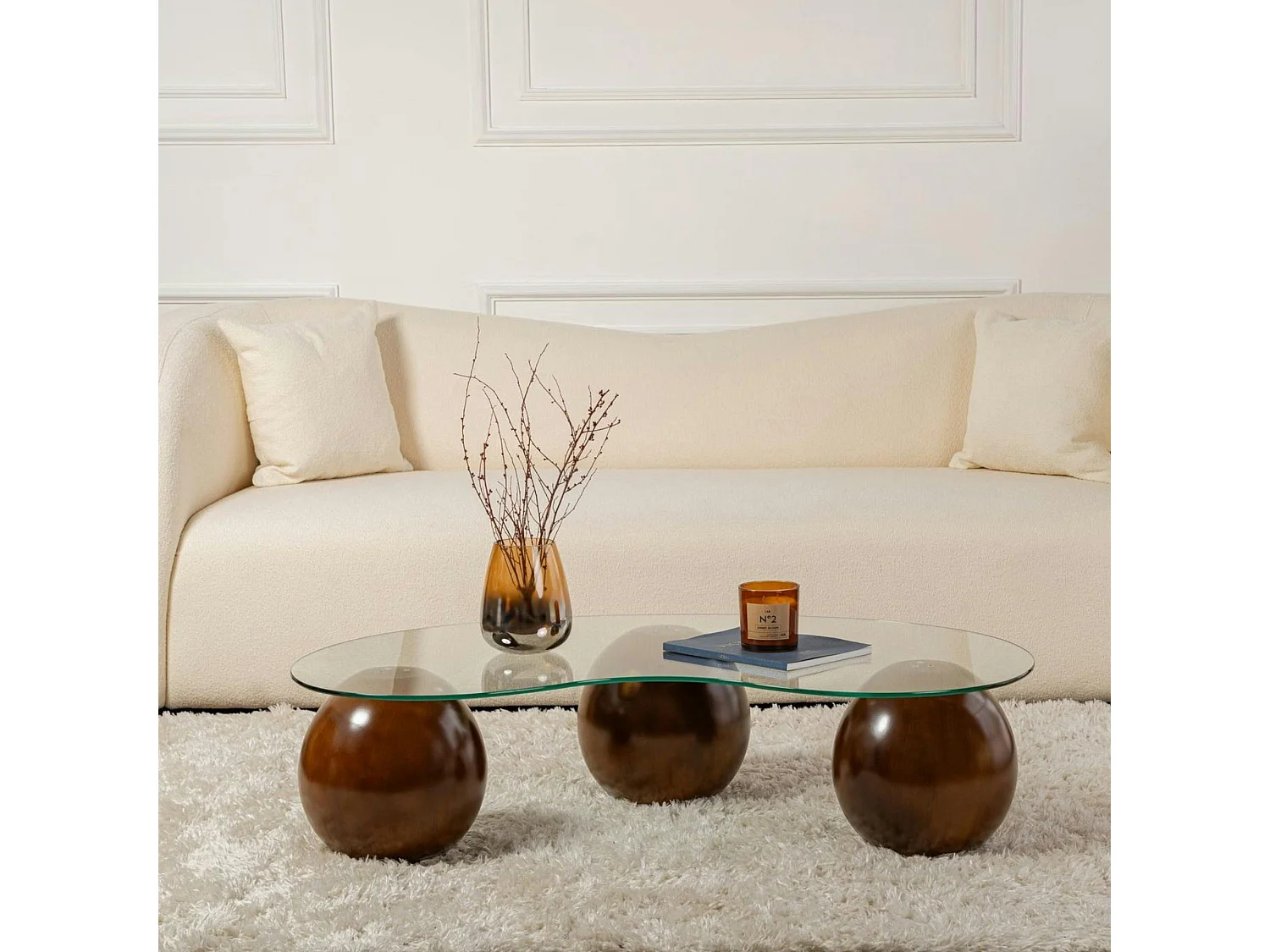 Table basse en verre design – 3 pieds boules marrons KOCHI