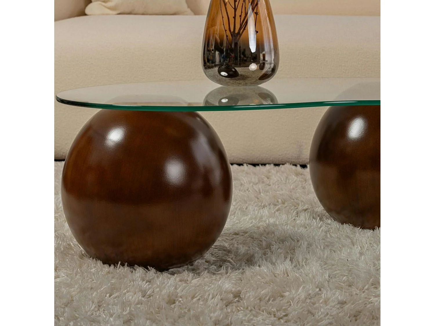 Table basse en verre design – 3 pieds boules marrons KOCHI