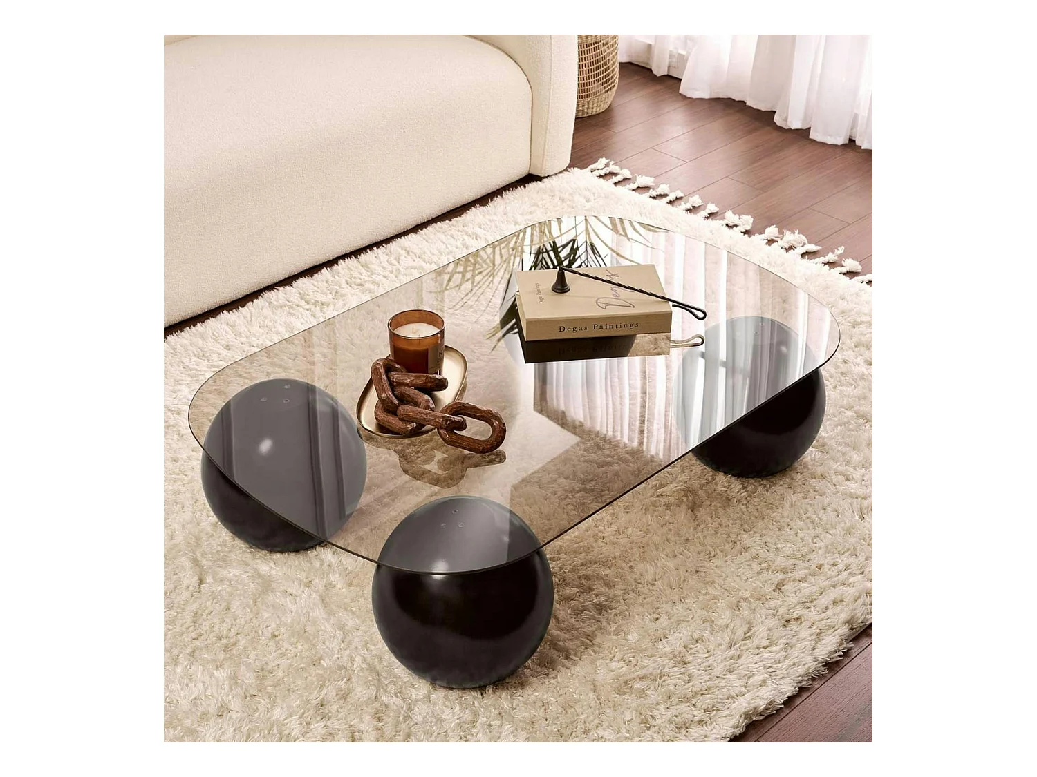Table basse verre ambré bords arrondis - 4 pieds noirs KOCHI
