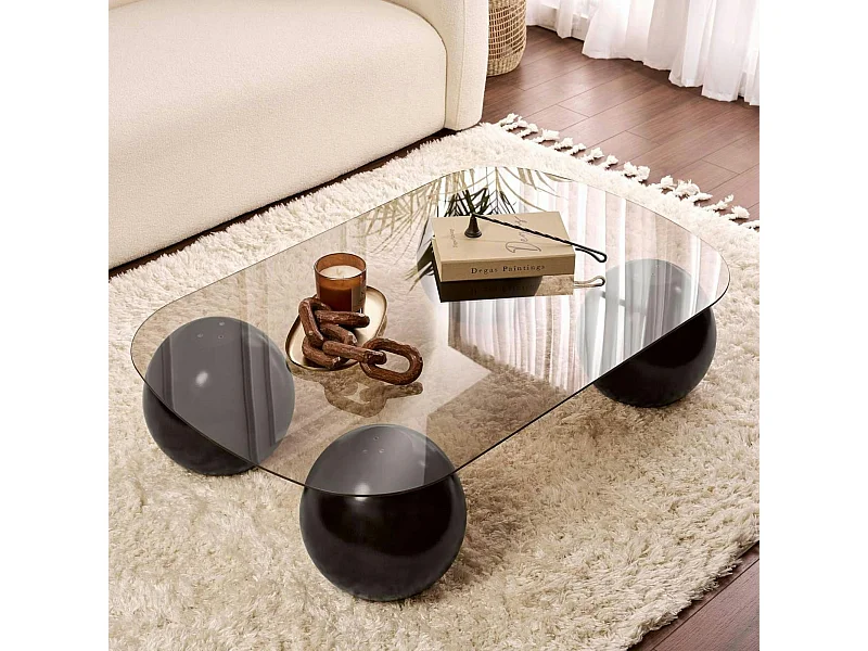 Table basse verre ambré bords arrondis - 4 pieds noirs KOCHI