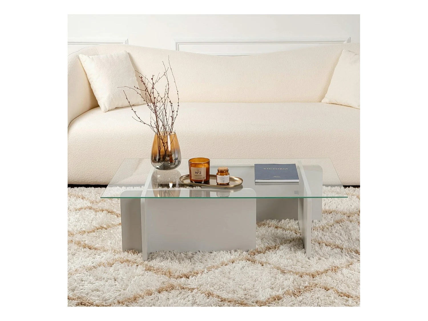 Table basse verre déstructurée – base gris clair SALTA