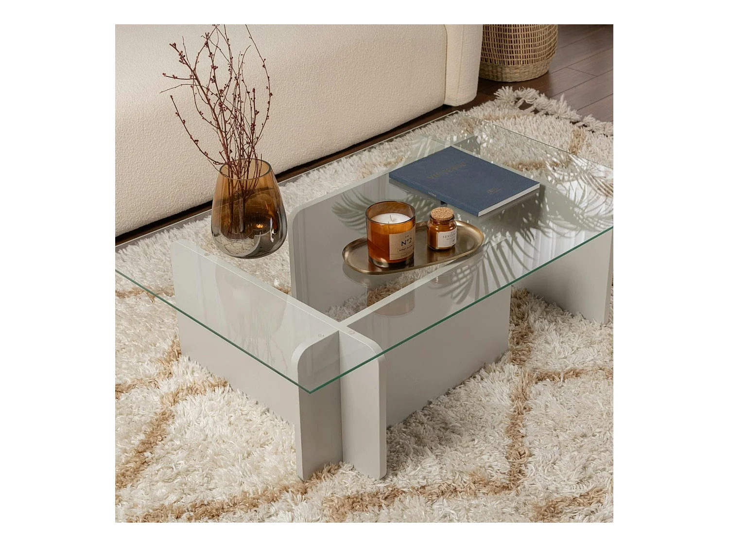 Table basse verre déstructurée – base gris clair SALTA