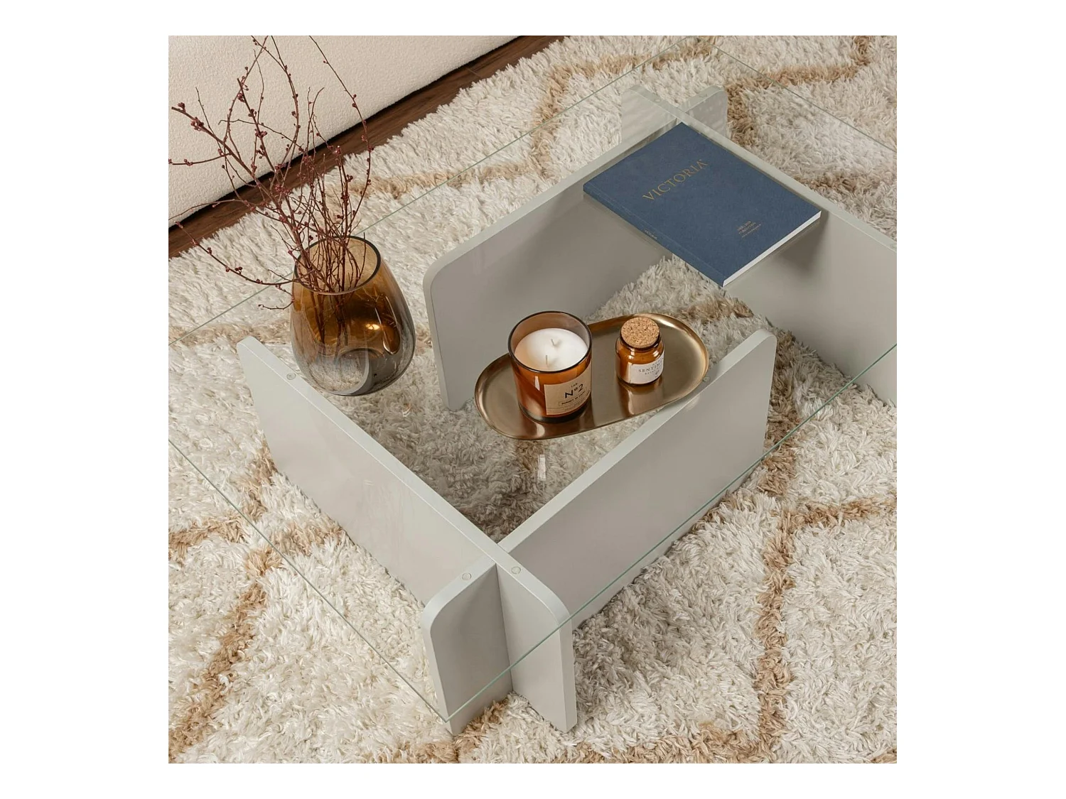 Table basse verre déstructurée – base gris clair SALTA