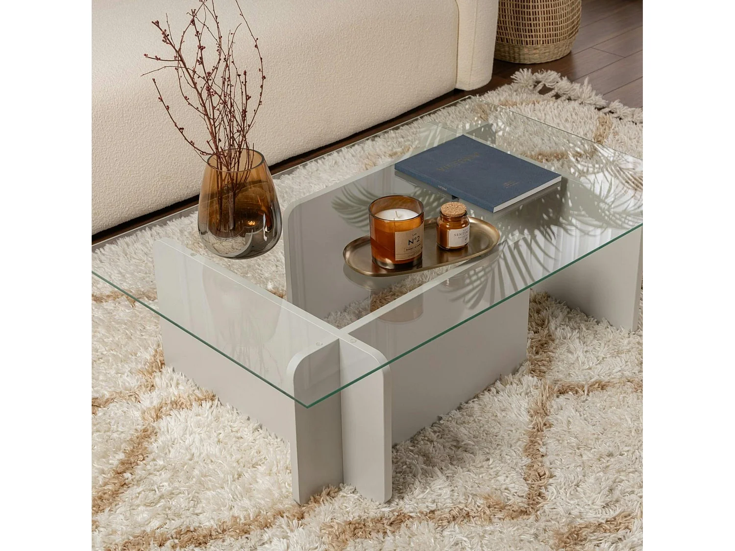 Table basse verre déstructurée – base gris clair SALTA