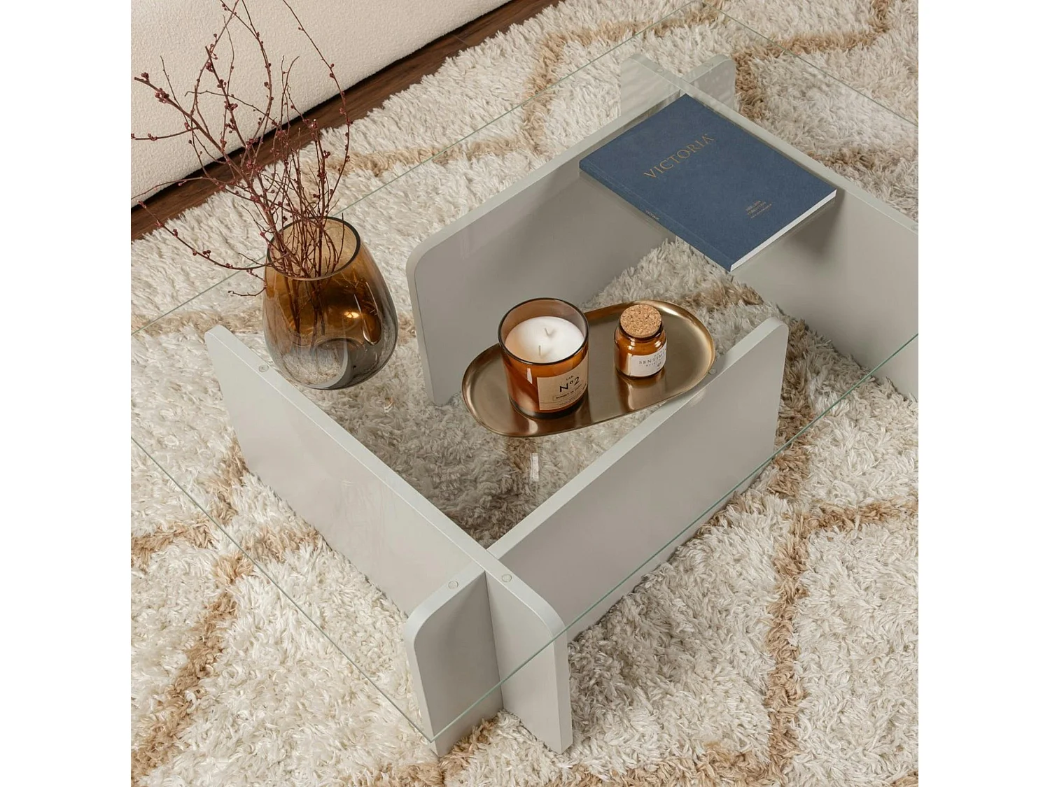 Table basse verre déstructurée – base gris clair SALTA